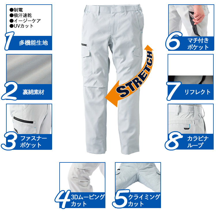 ダブルエムビズサマーエコ裏綿ストレッチカーゴパンツ機能一覧